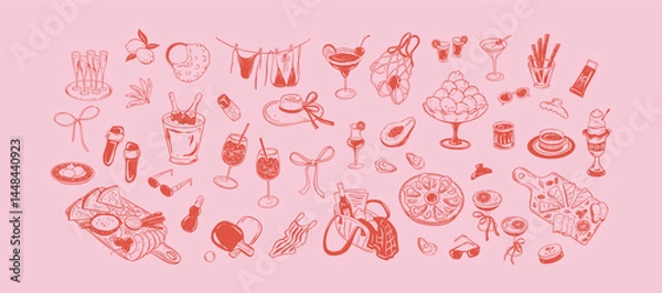 Fototapeta Summer beach girls bachelorette party hand drawn doodle vector illustration. Pink rectangle girly coquette background. Birthday, wedding invitation. Italian, French picnic with wine and oysters