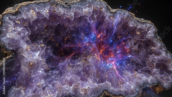 Obraz Fractured amethyst geode reveals iridescent layers, swirling colors, and intricate crystal formations inside.