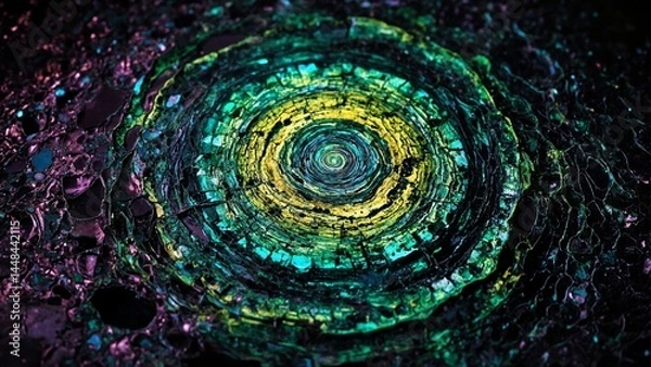 Fototapeta Fractured obsidian reflects vibrant green, yellow, and lime waves against a violet background in a lab.