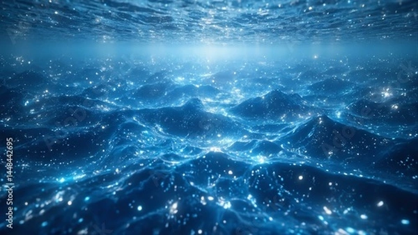 Fototapeta Blue waves ripple over a digital ocean; chrome structures submerge within a softly lit cavern.