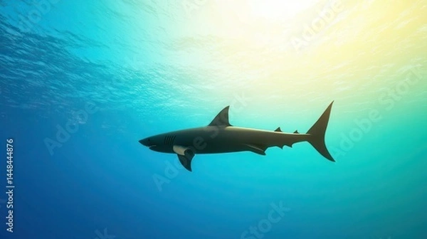 Fototapeta Majestic Shark Swimming in Clear Ocean Water Under Sunlight
