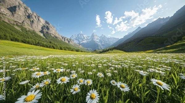 Obraz Scenic Mountain View with Wildflowers and Clear Sky