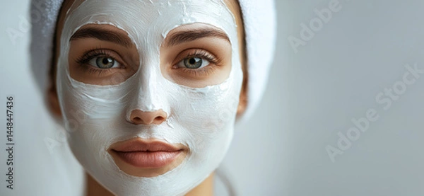 Obraz Close-up of a young Caucasian woman with green eyes wearing a white facial mask and a towel headwrap, looking directly at the camera. Concept of skincare, beauty routine, and wellness.
