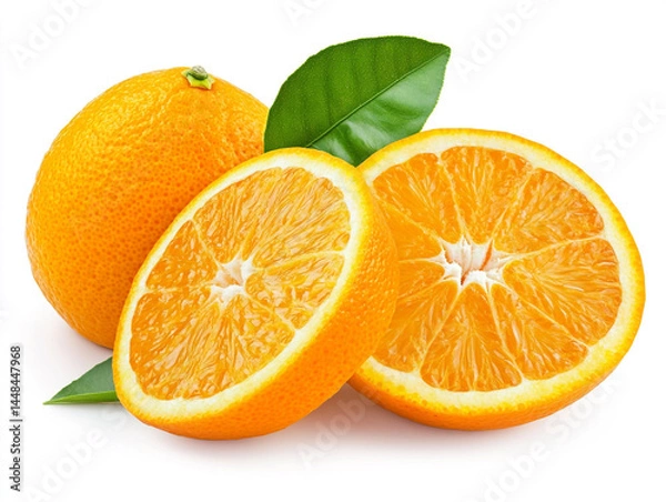 Fototapeta A whole orange with attached green leaves and three sliced pieces, highlighting its vibrant color, juicy texture, and fresh, natural appeal against a clean white backdrop.
