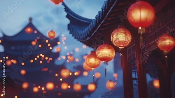 Obraz Peaceful Chinese temple with red lanterns glowing in evening sky high resolution picture