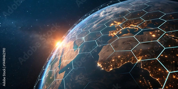 Fototapeta An illustration of Earth from space emphasizing the global network of communication, travel, and connections. 3D rendering.