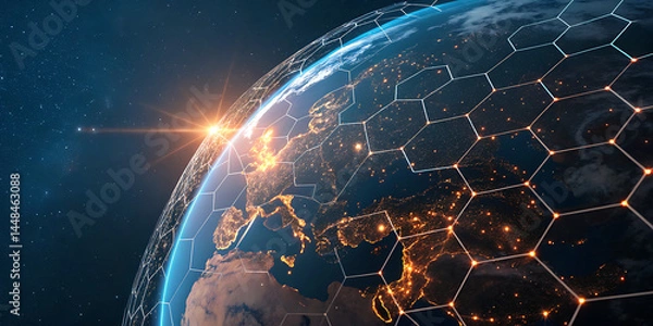 Fototapeta An illustration of Earth from space emphasizing the global network of communication, travel, and connections. 3D rendering.