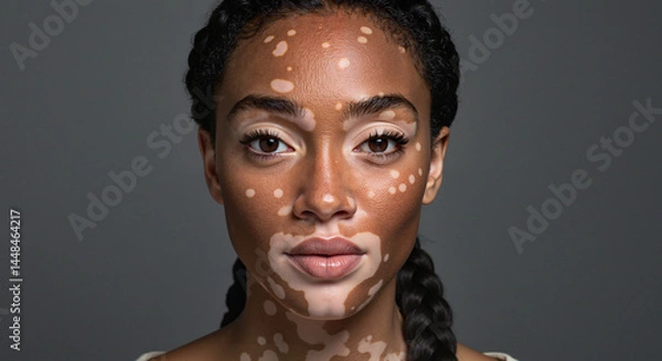 Obraz Close up portrait of a woman with vitiligo against a gray background looking forward