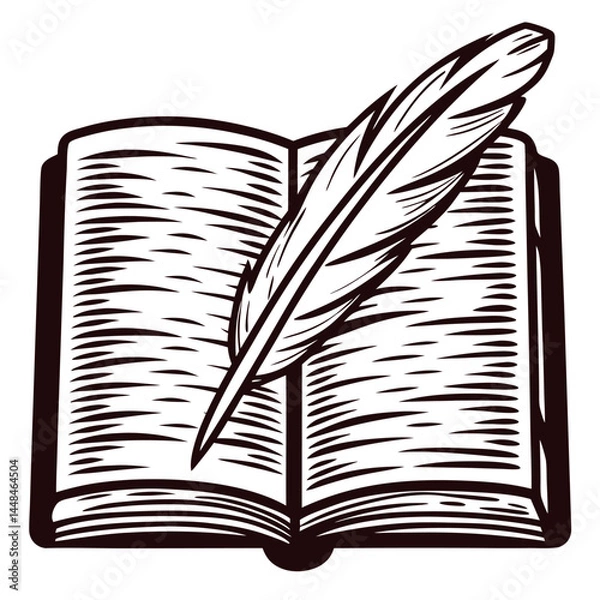 Fototapeta Feather quill on open book classic writing symbol in black and white ink drawing.