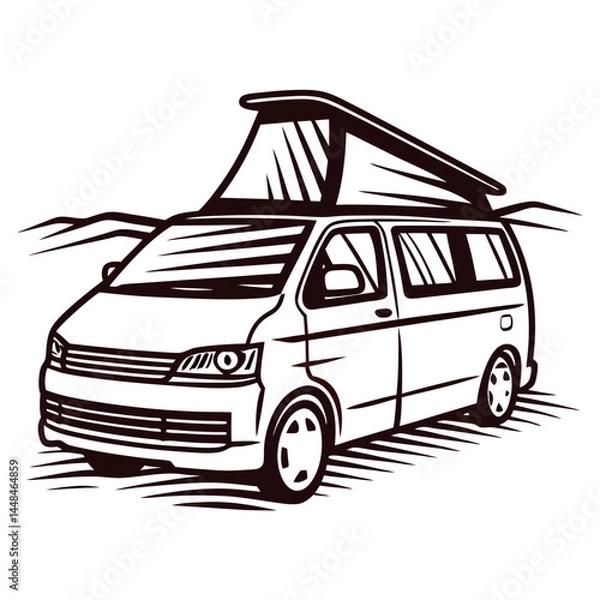 Fototapeta Camper van on mountain landscape with pop up roof.