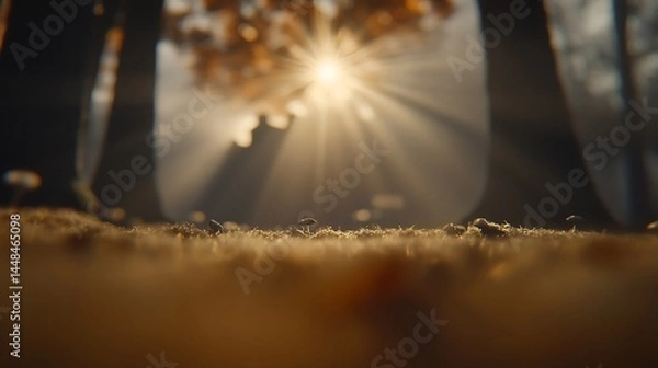 Fototapeta Golden sunlight filtering through autumn forest trees.