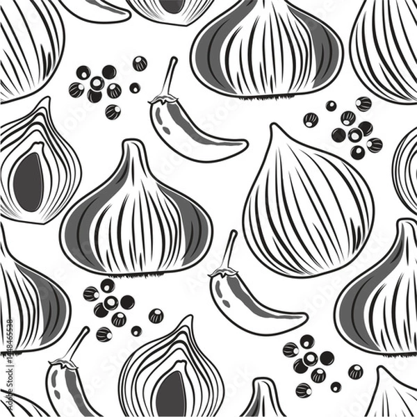 Obraz seamless pattern spices onion chili and pepper