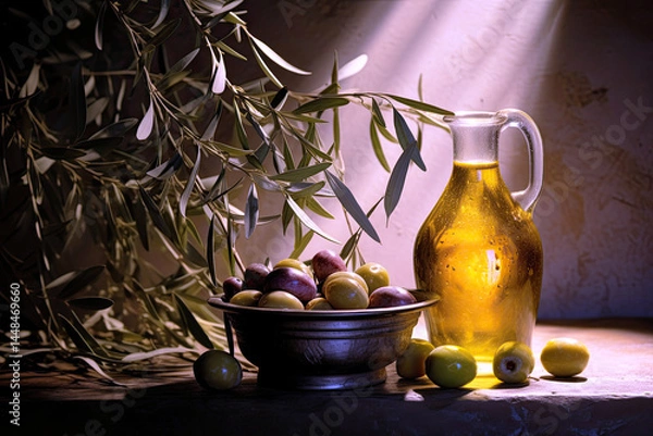 Fototapeta Olive oil with backlight and branch on ancient tree