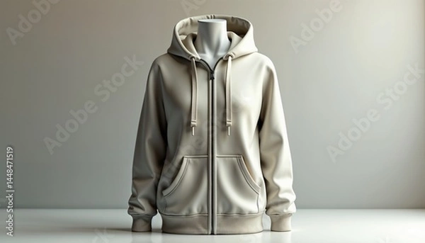 Fototapeta  *Realistic zippered hoodie mockup, front view of blank hoodie on mannequin with fabric texture and zipper details, soft natural lighting, neutral background for branding with copy space*  
