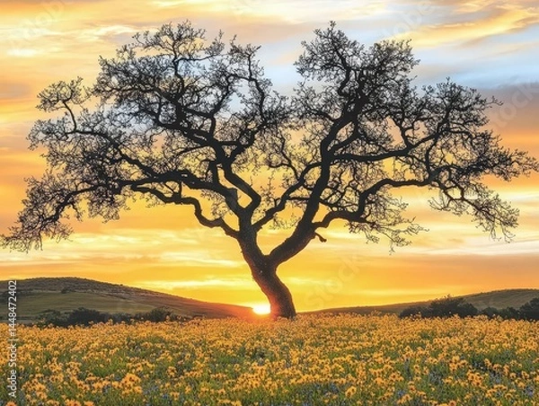 Obraz Golden sunset silhouettes a majestic tree atop a rolling hill, surrounded by a vibrant field of wildflowers. A serene and picturesque landscape