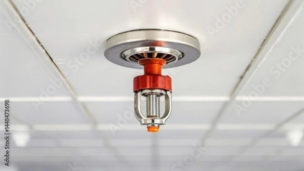 Fototapeta Automatic fire sprinkler system on a white tiled ceiling provides building safety