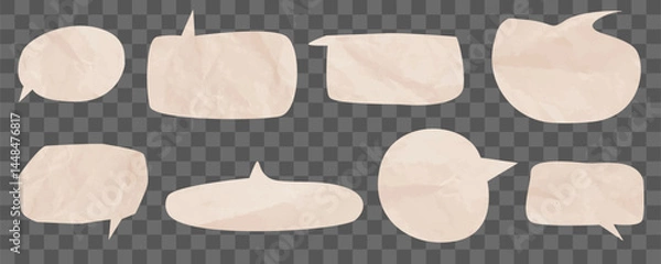 Fototapeta Set of speech bubbles made of crumpled soft pink paper. isolated template on transparent background. Textured dialogue bubbles. old crumpled paper