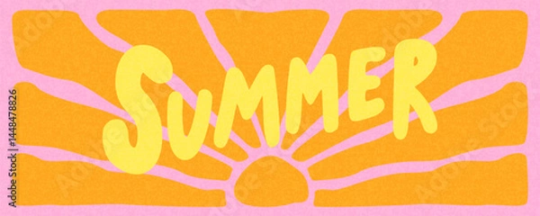 Obraz Summer horizontal abstract background with bright retro groovy sun and text Summer. Modern art minimalist style design template for sales, horizontal poster, header, cover, social media, fashion ads