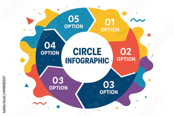 Fototapeta Infographic template featuring a circular vector design, suitable for creating cycle diagrams, graphs, presentations, and round charts, particularly for business concepts involving 5 stages or