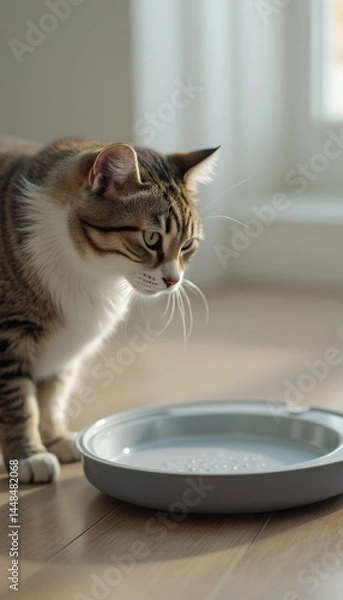 Obraz Curious cat observing a dish of milk in sunlit room