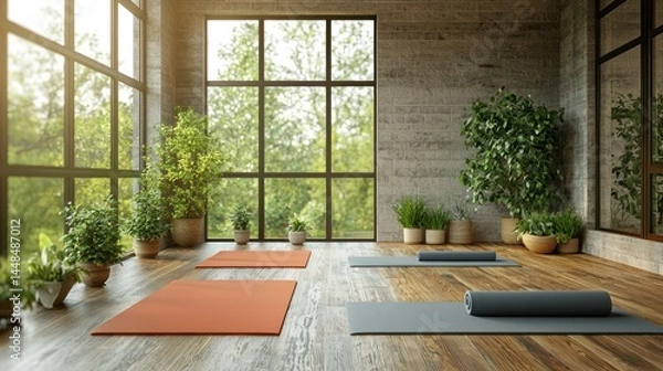 Fototapeta Serene Yoga Studio with Large Windows and Lush Greenery