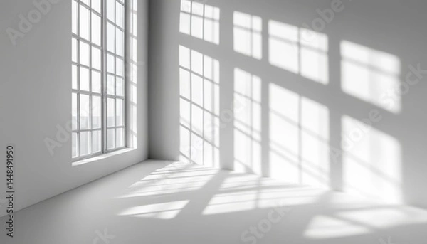 Fototapeta Empty room with large windows, sunlight casts shadows