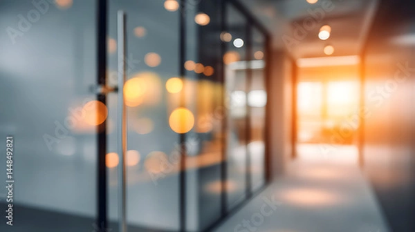 Fototapeta Dynamic office environment with blurred interior and doorway modern workspace bright lighting