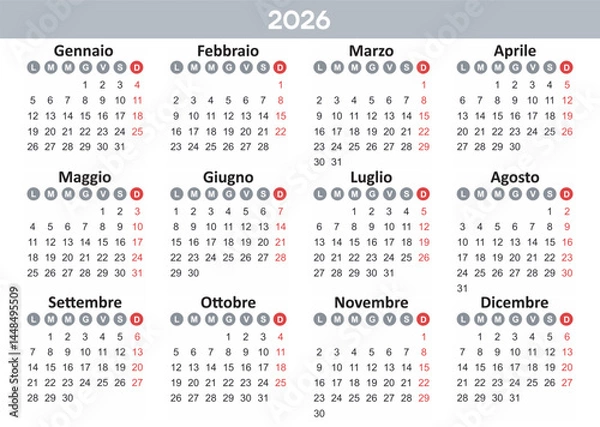 Fototapeta Calendar 2026 Year mockup. Italian version. Annual horizontal template with round days of the week. Modern design. Editable format. EPS10.