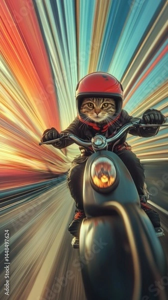 Obraz Adventurous cat riding a motorcycle at high speed with colorful motion blur