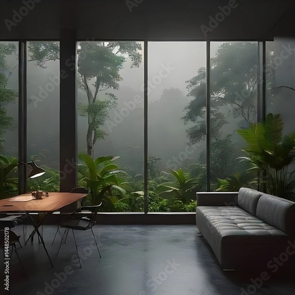 Fototapeta Study room design or Home office workspace setup with a cloudy mountain jungle view. A modern home office bathed in natural light offers a tranquil workspace with breathtaking views of cloudy jungle.