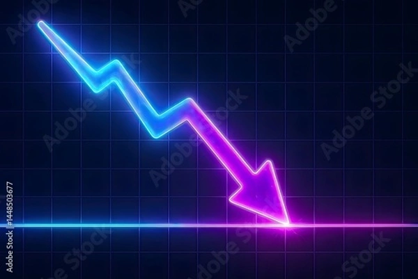 Obraz Vibrant neon arrow depicting severe financial downturn striking bottom axis, futuristic visualization illustrating market collapse, economic recession, and business risk.
