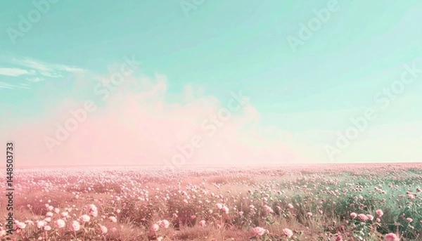 Fototapeta Serene blooming landscape open field nature photography pastel environment wide-angled view tranquility concept for relaxation