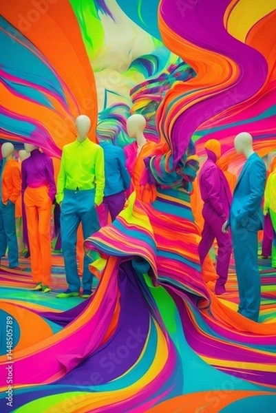 Fototapeta Colorful Mannequins and Abstract Waves for Fashion and Creative Concepts