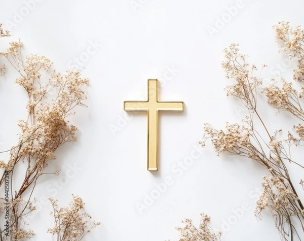 Obraz Golden Cross with Dried Flowers: Minimalist Serenity