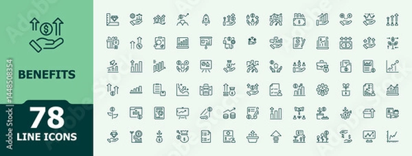 Fototapeta Benefits line icon set. Employee Benefit modern icon set. Minimal icons set. Contain linear sign bonus, benefit, reward, pay and more. Pixel perfect. Editable stroke.
