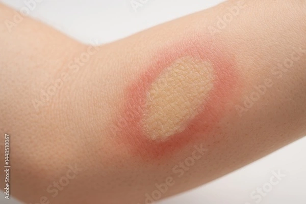 Obraz A red ring-shaped skin rash with central clearing, indicating a possible fungal infection or irritation on a human arm