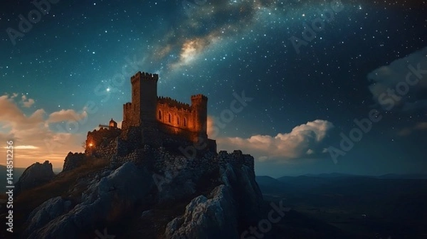 Fototapeta Majestic Medieval Castle Night Sky Starry Landscape  Ancient Fortress Hilltop View dark calm stars  