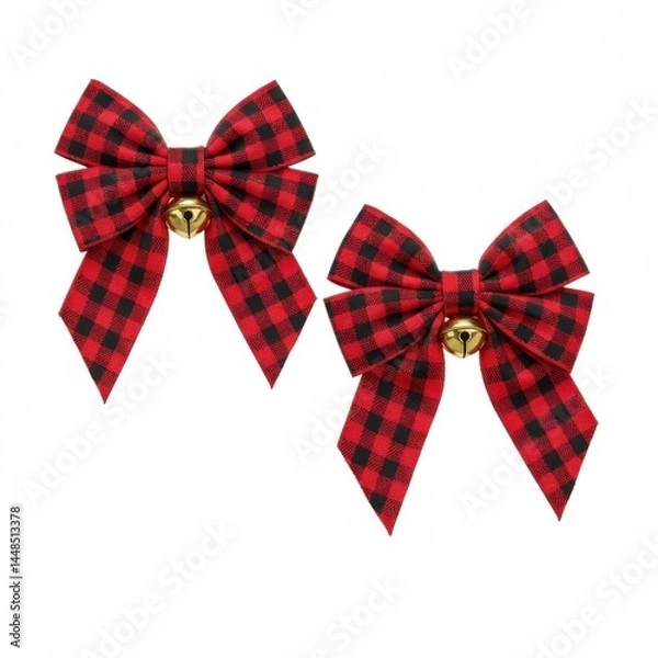 Fototapeta Two red and black buffalo plaid christmas bows with gold bells on a white background isolated