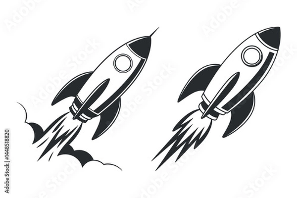 Fototapeta Rocket launch vector illustration, black silhouette of a rocket with flames for space exploration, technology, and innovation