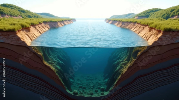 Fototapeta 3D Isometric Cross-Section of Deep Sea Channel with Coral Textures