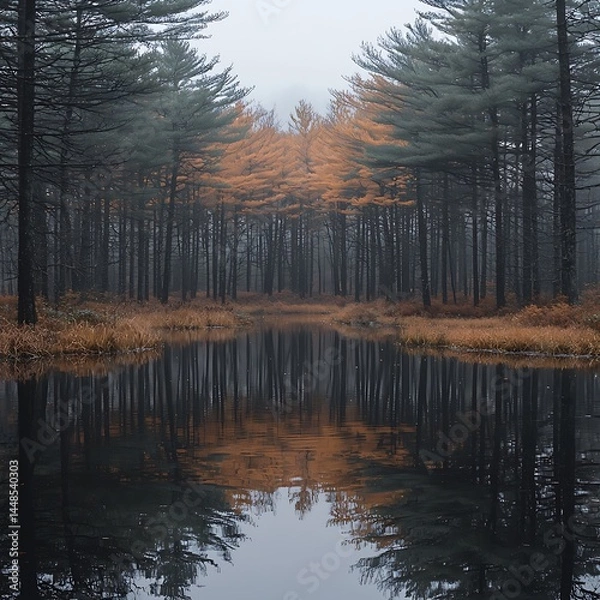 Fototapeta A tranquil forest pond reflecting the autumn trees