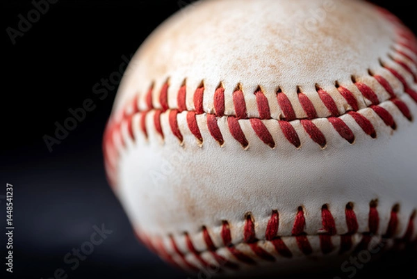 Fototapeta Close-Up of Worn Baseball with Red Stitching and Scuffed Leather Texture