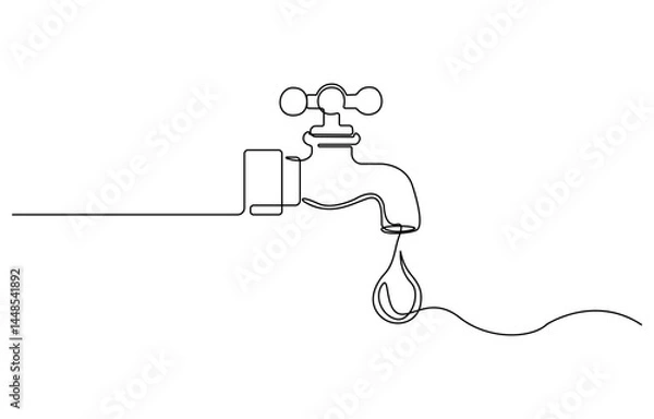Fototapeta Continuous one line drawing of water faucet. One line drawing illustration of tap water. International handwashing day concept line art. Editable outline, Water tap with flowing water in one line art.