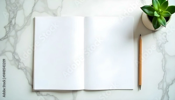 Fototapeta top view of white empty paper and pencil on marble table