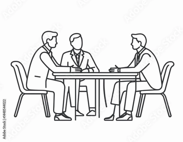 Fototapeta Meeting room, discussion, business conference, support group outline icon. Line sign group of three people sitting at table. Vector isolated pictograms on white background editable stroke.