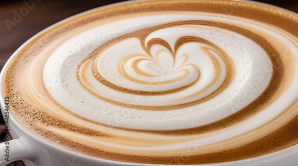 Fototapeta Close-up view of frothy cappuccino foam with swirling patterns and bubbles
