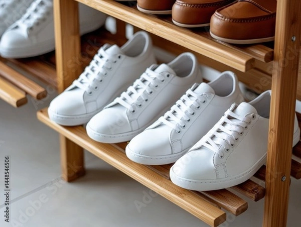 Fototapeta A clean wooden shoe rack with only a few neatly placed white sneakers and slippers