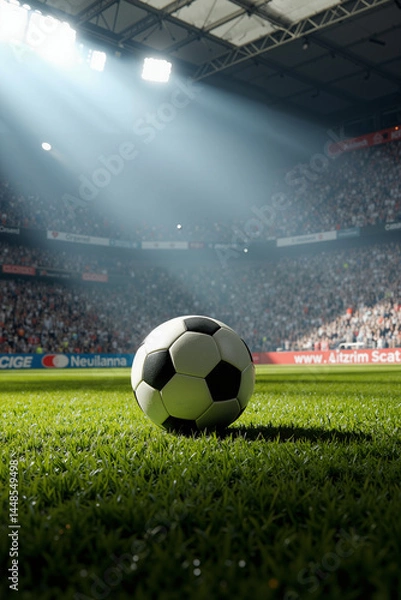 Fototapeta a soccer ball on the grass in front of a stadium