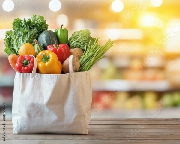 Fototapeta Zero waste eco-friendly zero emission. A reusable grocery bag filled with fresh vegetables sits on a wooden table, with a blurred grocery store background.