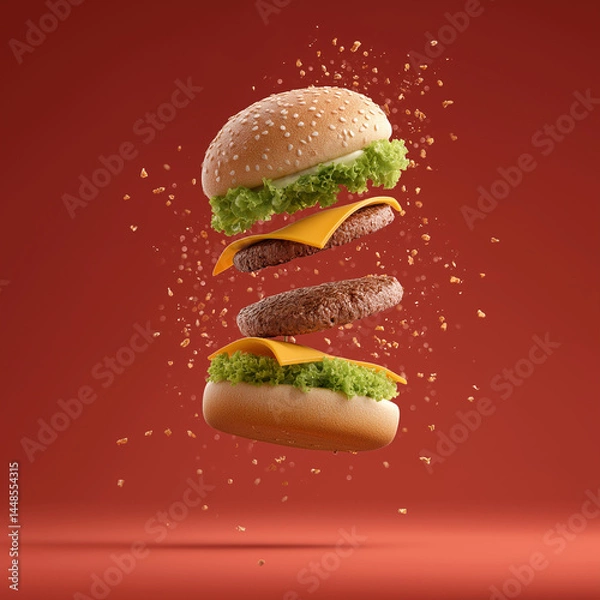 Fototapeta floating burger with layers separated on red background